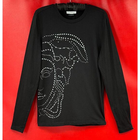 Versace Collection Chrome Dotted Half Medusa Cotton Black Shirt Made Greece Sz S